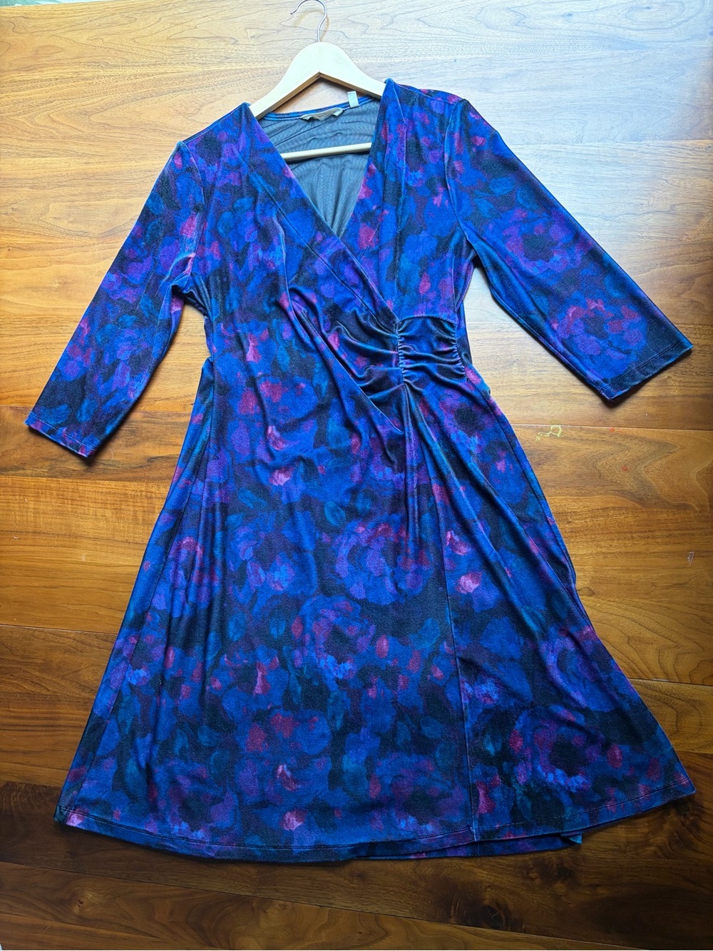 Soft Surroundings Stretch Velvet Faux Wrap Dress Size M Blue Purple Floral Rush